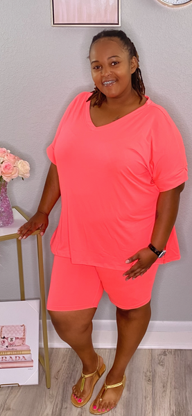 Curves and Chill Biker Short Set | Neon Coral Pink (REGULAR AND PLUS SIZE)