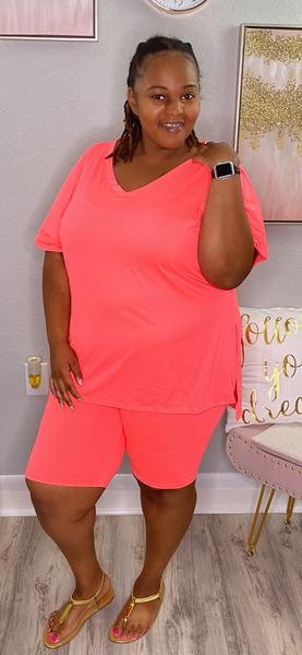 Curves and Chill Biker Short Set | Neon Coral Pink (REGULAR AND PLUS SIZE)